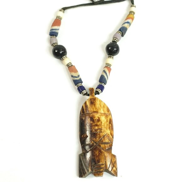 Unbranded Jewelry - Vintage Ethnic Carved Stone Necklace Leather Cord